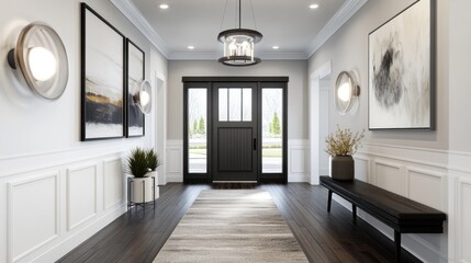 Fototapeta premium Modern home entryway, dark door, hardwood floor, plants, art