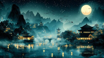 Obraz premium The ancient lake town under the moonlight