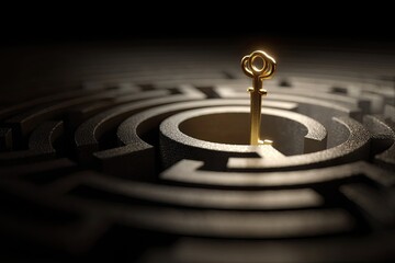 Golden key in center of a dark maze