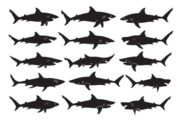 Great White Shark Silhouette Set - Marine Life Vector Graphics