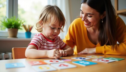 Fototapeta premium Child joyfully learning numbers with colorful flashcards, educational support