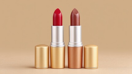 Obraz premium Three lipsticks in various shades on a beige background with close-up of red and shimmery bronze lipsticks