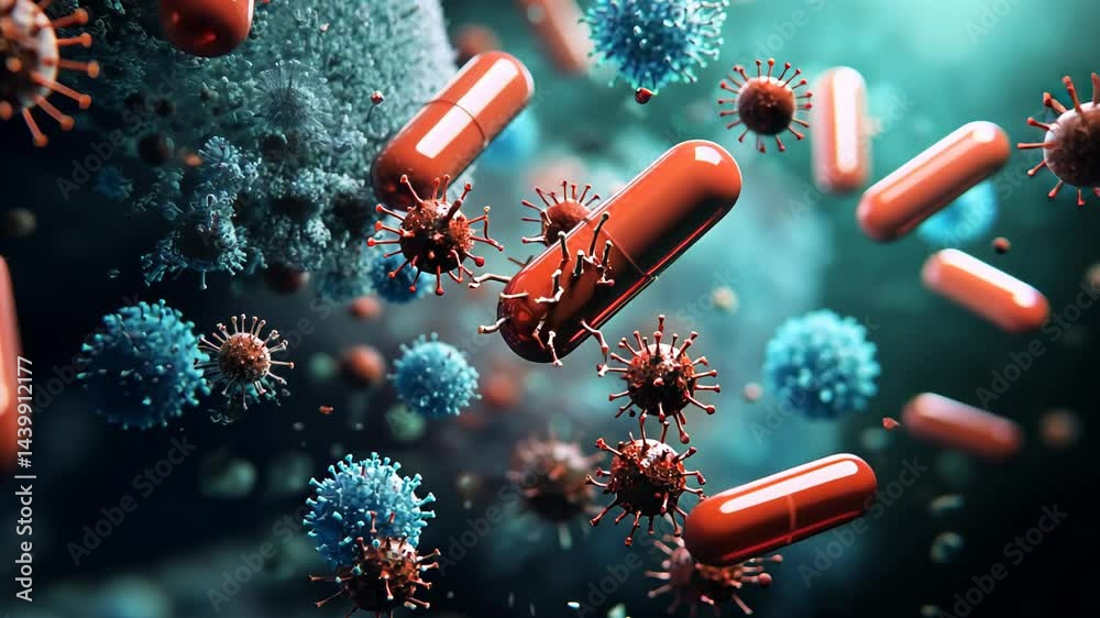 Poster exploring the dynamic world of microbial interactions and drug development in a vibrant microscopic 