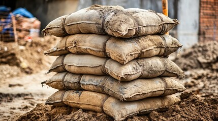 Piles of bricks and sandbags left behind at an incomplete building project
