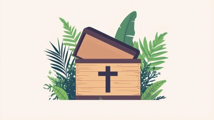 Spiritual burial box with cross sign, clean lines, flat design illustration