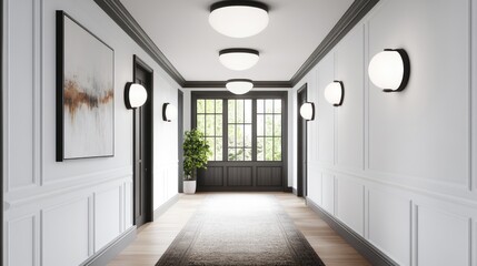 Fototapeta premium Modern hallway interior design, elegant lighting, plant, artwork