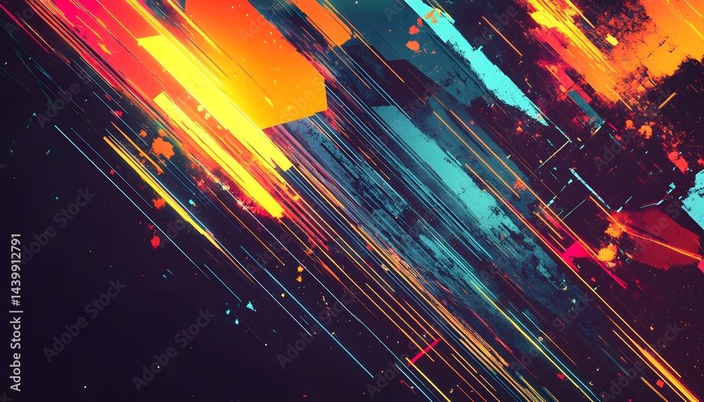 Wall mural abstract design featuring lines and splashes of vibrant color