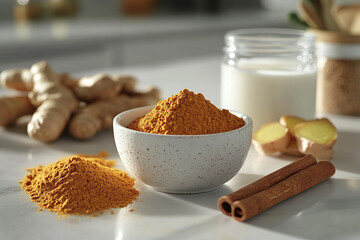 Golden turmeric powder with ginger root, cinnamon sticks, and milk in kitchen setting