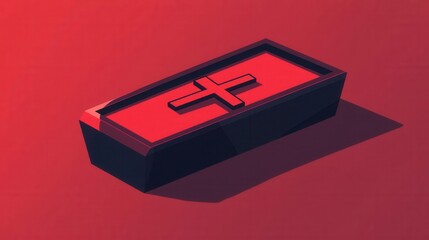 Closed casket with cross detail, dark funeral theme, flat design illustration