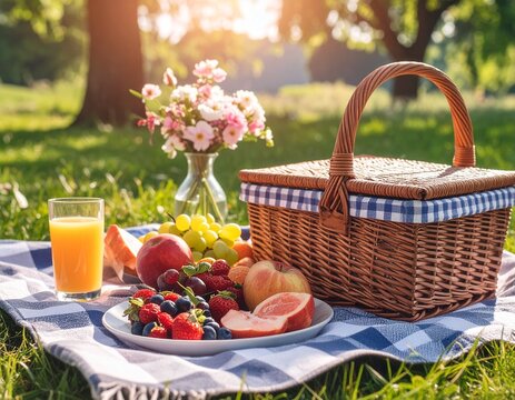 Kosz piknikowy, kanapki, owoce i sok leżące na obrusie rozłożonym na trawie. W tle wiosenna przyroda i kwiaty. Majowy piknik w plenerze.