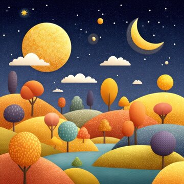 Landscape featuring trees with a glowing moon in the night sky over a dreamlike setting