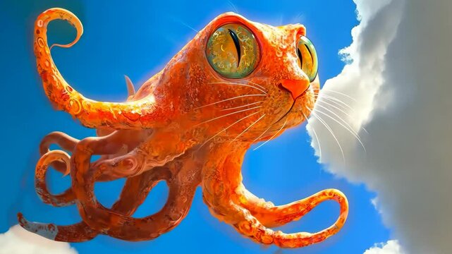 An illustration of a fictional, orange colossal squid with a cat's face floating across the sky. A fictional hero of a computer game. Generative 4k video.