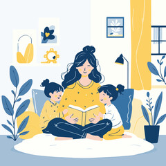 mother reading a book with children in a room