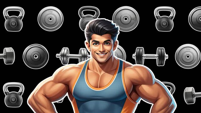 A smiling bodybuilder with muscles appears, behind him, rows of sports equipment move. Bodybuilding concept. Smooth animation on transparent background