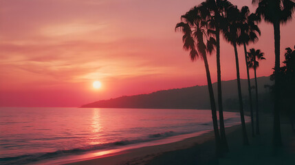 Obraz premium Pink Sunset on Tropical Beach: Palm Trees Silhouette at Golden Hour