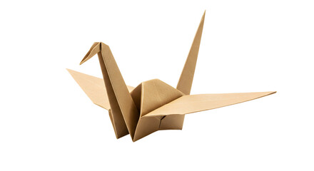 A single origami crane made of light brown paper isolated against a plain background studio shot art on transparent background