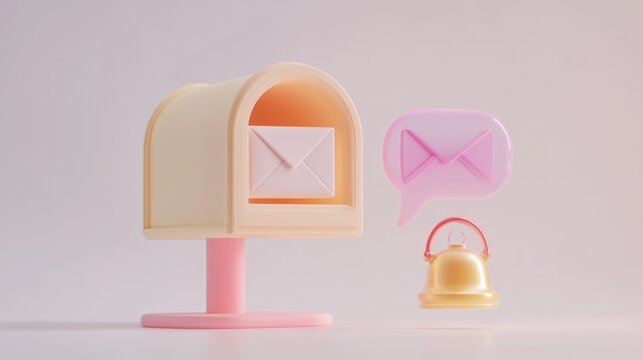 Cute mailbox, email, and notification.  A 3D illustration of a pastel-colored mailbox with a letter and a notification bell