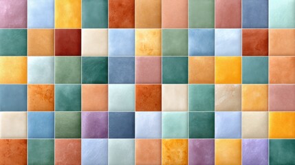 Fototapeta premium Colorful mosaic wall featuring a variety of different colored tiles creating an abstract artistic background
