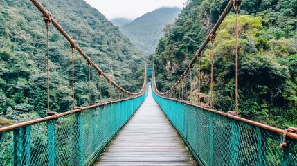 Obraz premium Suspension bridge crossing a lush green valley