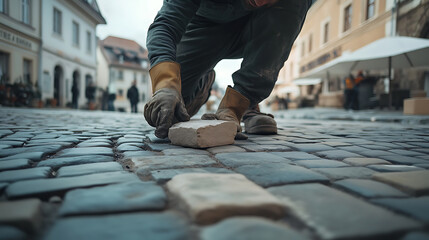 Worker Laying Cobblestone on a Historic Street