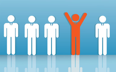 Stand out from the crowd and different creative concepts, one person glows standing with arms wide open among others on a blue background with reflections and shadows. vector, illustration