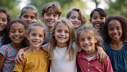 Fototapeta premium Happy children posing for a group photo in vibrant outfits, joyfulness