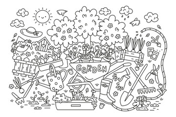 Coloring page on the theme of gardening. Garden items and plants.