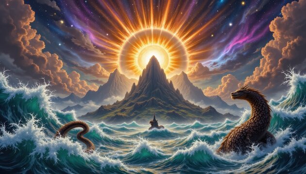 Ancient serpent Vasuki coiled around Mount Mandara as celestial beings and demons churn the cosmic ocean during Samudra Manthan