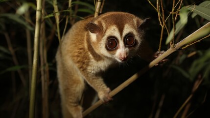 Obraz premium Slow Loris Stare: Nocturnal Primate in the Jungle