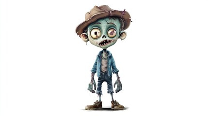 Cute cartoon zombie boy in hat and overalls.