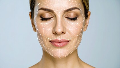 woman with a face made of lines and dots. Lifting lines, advertising of face contour correction, female face skin lifting. Facial rejuvenation concept, cosmetology