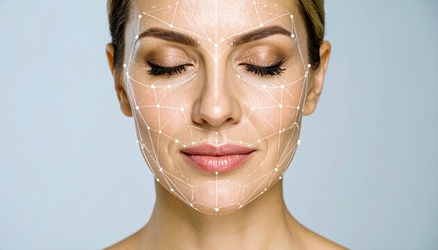 woman with a face made of lines and dots. Lifting lines, advertising of face contour correction, female face skin lifting. Facial rejuvenation concept, cosmetology