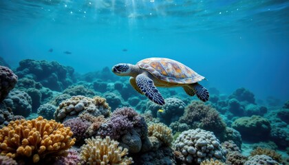 Underwater shot of sea turtle swimming above vibrant coral reefs during International Day for Biological Diversity awareness campaigns
