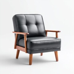 Black leather chair with wooden legs and mid-century modern walnut lounge chair in a contemporary interior setting