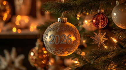 Festive Christmas tree with 2026 ornament and golden decorations and ball.