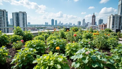 Urban rooftop garden flourishing with vegetables and flowers under blue sky symbolizing green city living and environmental awareness during World Environment Day