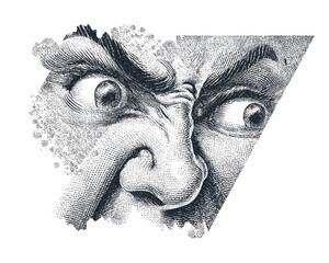 Obraz premium Intense expression of anger with dramatic facial features in black ink, cut out 