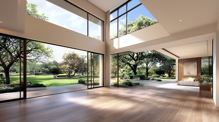 Fototapeta premium Modern Home Interior with Large Windows and Garden View