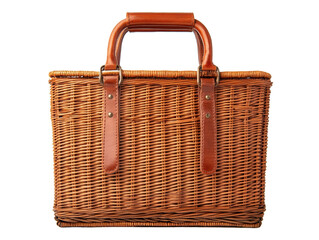 Woven basket with leather handles for shopping and storage needs, cut out 