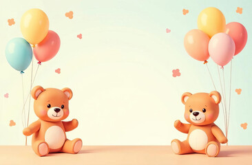 Baby shower invitation card mock-up displayed with teddy bears and balloons.
