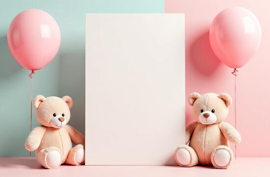 Baby shower invitation card mock-up displayed with teddy bears and balloons.