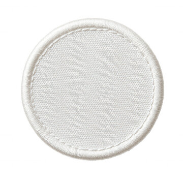 Close ready white circular cloth patch with overlocking, up for custom design or logo placement against transparent background, featuring clean stitching edges