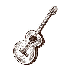 Hand drawn vintage sketch of acoustic guitar, musical instrument for retro music and entertainment design