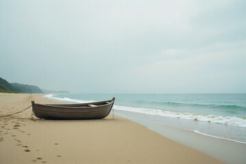 Naklejka premium Weathered wooden boat on sandy beach at dawn or dusk