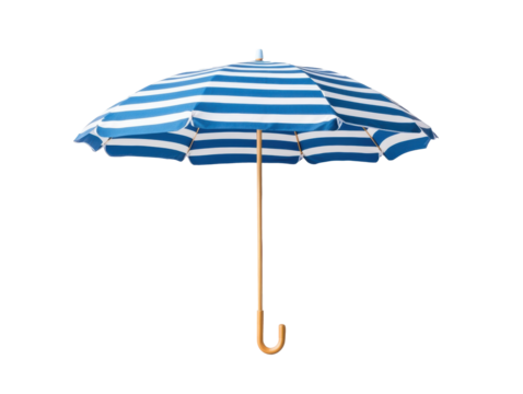 Blue and white striped beach umbrella for sunny outdoor activities, cut out 