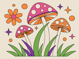 Groovy Mushrooms and Flower Art: Retro Psychedelic Nature Vector Design.