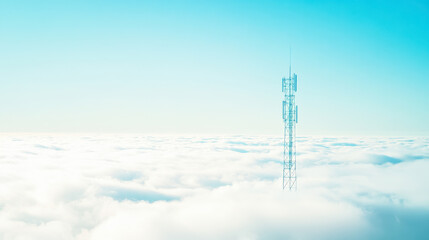 Cell tower rises above clouds in clear sky showcasing contrast of technology and nature