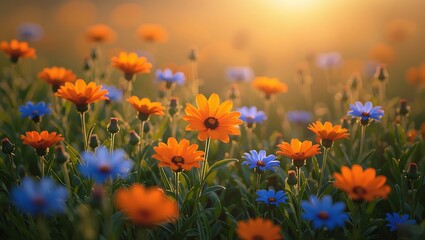 Vibrant Orange and Blue Flowers in a Sunset Meadow