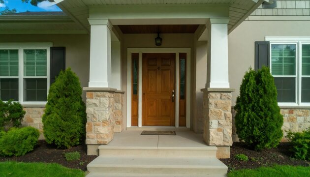 Wooden front door with gabled porch and landing 