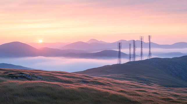 Sunrise over misty mountains with telecommunications towers on grassy hilltop
